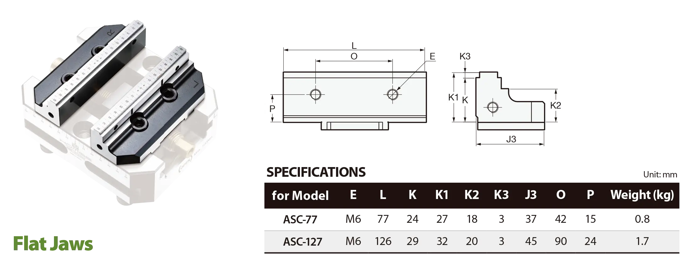 Specifications of Flat Jaws for ASC-M 5-Axis Self-Centering Vise - Models ASC-77 & ASC-127