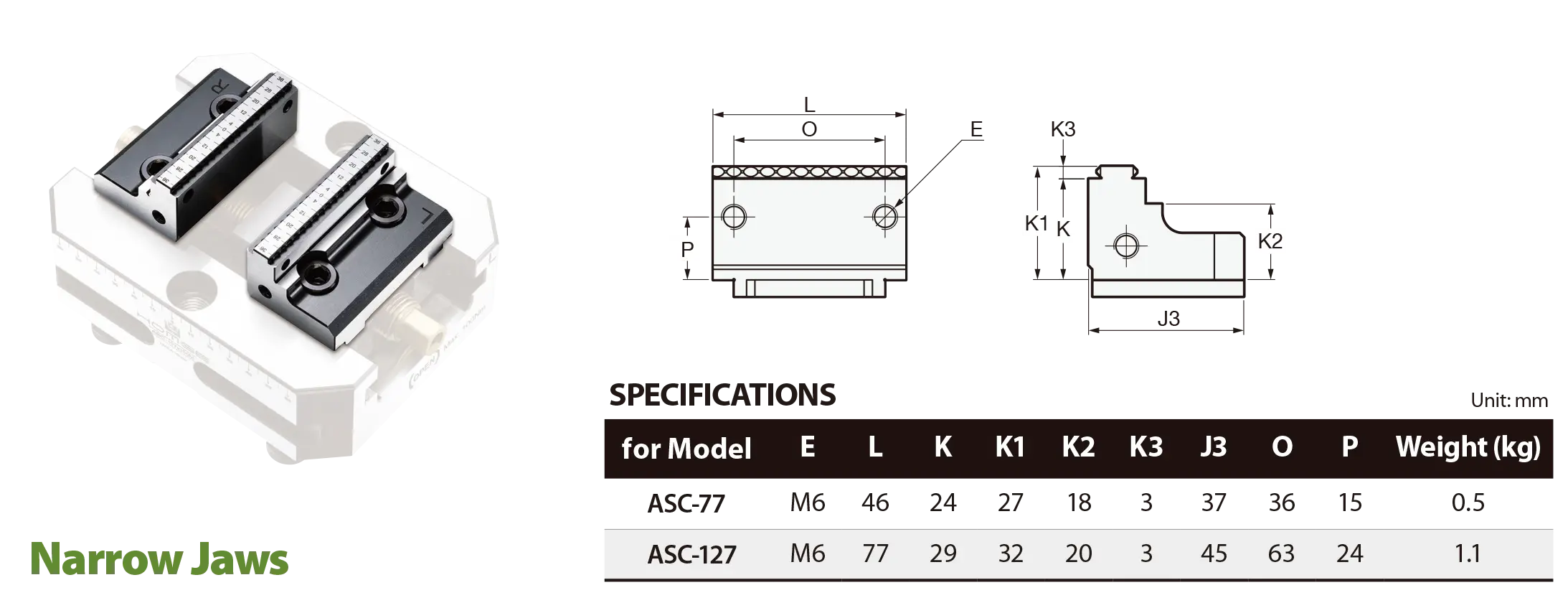 Specifications of Narrow Jaws for ASC-M 5-Axis Self-Centering Vise - Models ASC-77 & ASC-127